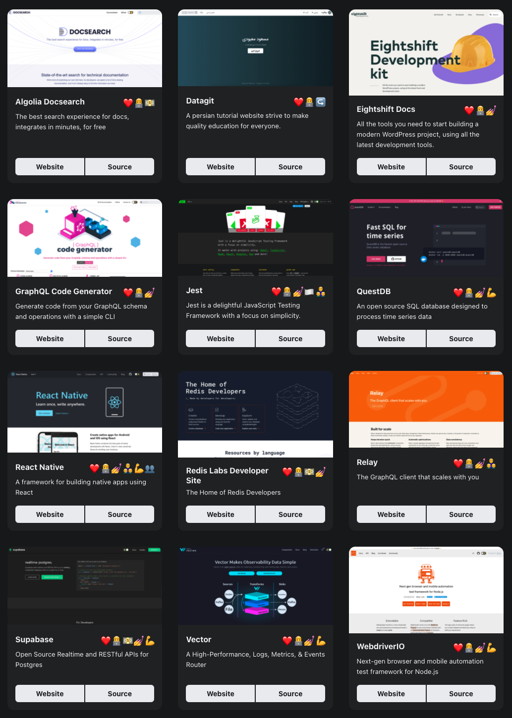 A screenshot of the showcase's favorites section, with 12 cards each displaying the information and preview of one site
